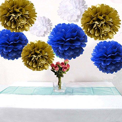 Set of 9 Mixed Gold Royal Blue White Tissue Paper Pompoms Flower Ball Wedding Engagement Prince Baby Shower Garland Party Decoration