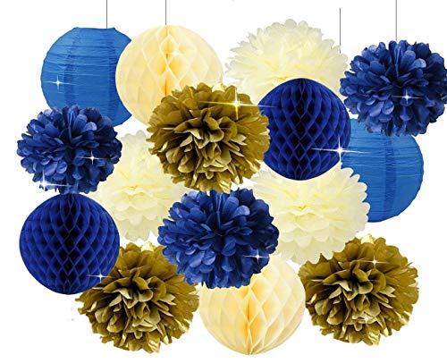 Furuix Royal Prince Baby Shower Decorations Navy Cream Gold Bridal Shower Decorations Tissue Pom Pom Flower Navy Honeycomb Balls for 1st Birthday Boy Prince Party Supplies Birthday Party Decorations