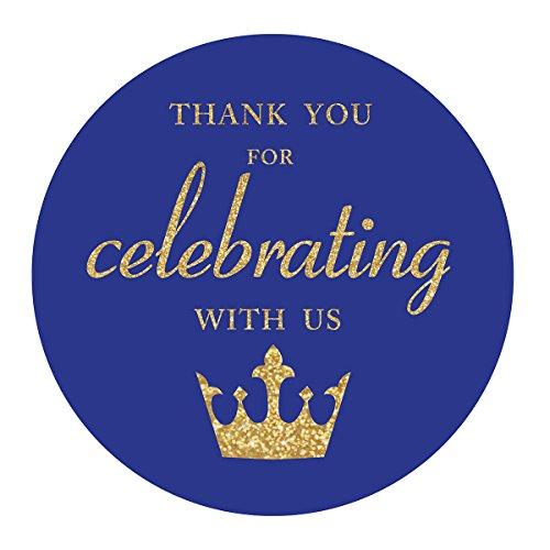 Royal Blue Little Prince Thank You stickers, Gold Glitter Boy Baby Shower or Birthday Party Crown Sticker Labels, 2 Inch Round, 40-Pack