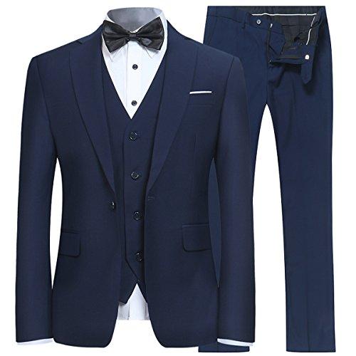 Mens Slim Fit 3 Piece Suit One Button Blazer Tux Vest & Trousers, Navy, Medium