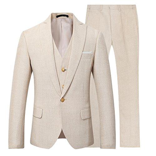 Mens 3 Piece Linen Suit Set Blazer Jacket Tux Vest Suit Pants (XL, Suit Set-Beige)