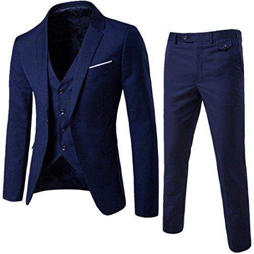 MAGE MALE Mens 3 Pieces Suit Elegant Solid One Button Slim Fit Single Breasted Party Blazer Vest Pants Set Blue Small