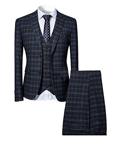 Cloudstyle Mens 3 Piece Slim Fit Checked Suit Blue/Black Single Breasted Vintage Suits (X-Large, Black)