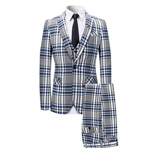 YFFUSHI Mens 3 Piece Plaid Suit Slim Fit Christmas Party Dress,Blue,Medium