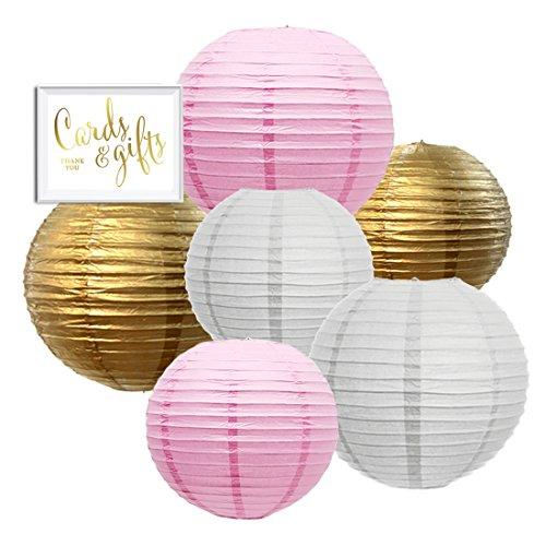 Andaz Press Hanging Paper Lantern Party Decor Trio Kit with Gold Party Sign, Gold, Pink, White, 6-Pack, For Girl 1st Birthday Baby Shower Baptism Communion Christening Decorations