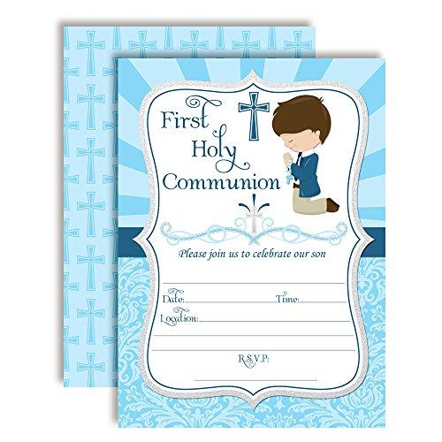 First Holy Communion Religious Party Invitations for Boys, Ten 5"x7" Fill In Cards with 10 White Envelopes by AmandaCreation