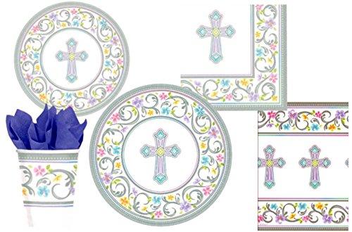 Blessed Day Inspirational Cross Party Supply Pack for 18 Guests: Bundle Includes Dinner Plates, Dessert Plates, Napkins, Cups, and Tablecloth