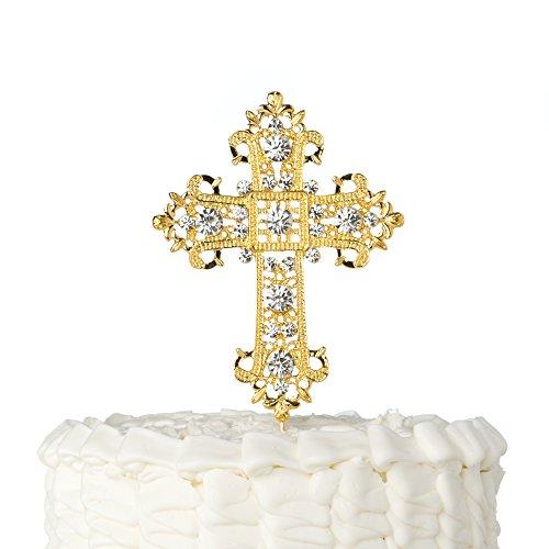 Ella Celebration Cross Cake Topper, Religious Wedding, Baptism, Christening, Dedication, First Communion, Christian Decoration (Gold)
