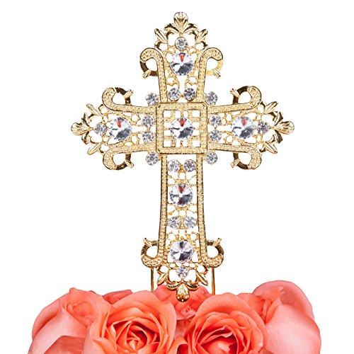 LOVENJOY Gift Box Pack Cross Rhinestone Crystal Gold Cake Decoration Topper for Wedding Religious Baptism Christening First Communion Confirmation (4.5-inch wide)