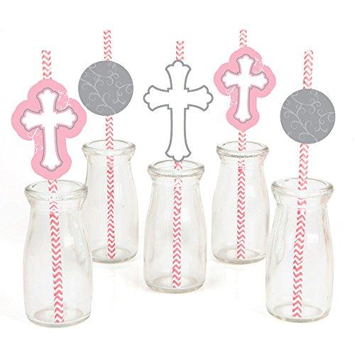 Little Miracle Girl Pink & Gray Cross Paper Straw Decor - Baptism Striped Decorative Straws - Set of 24