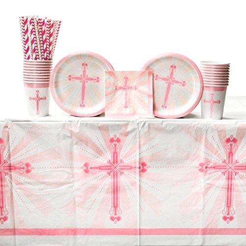 Blessings Pink Communion Party Supplies Pack for 18 Guests: Straws, Dessert Plates, Beverage Napkins, Table Cover, and Cups