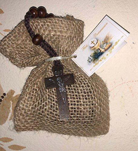Natural First Communion Favor of Wooden Rosary in a Burlap Bag with Communion Italian Tag - Set of 10