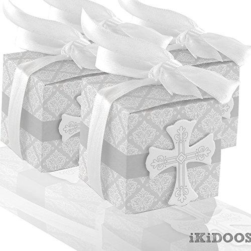 iKidoos® Party Candy Boxes for Baptism 50pcs First Communion Favor Cross Candy Box Christening Baby Shower bomboniere wrap Holders with Ribbons