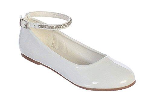 White Little Girls Patent Rhinestone Ankle Strap Flats Dress Shoes Size 2 Youth
