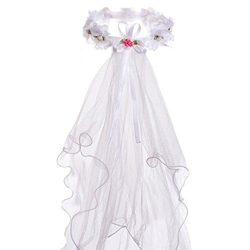 Flower Girls White Catholic Religious First Communion Veil Headband with Bow (One Size, White (Hair Wreath))
