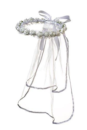 Girls First Communion White Rose Bud Veil Headpiece with Bow