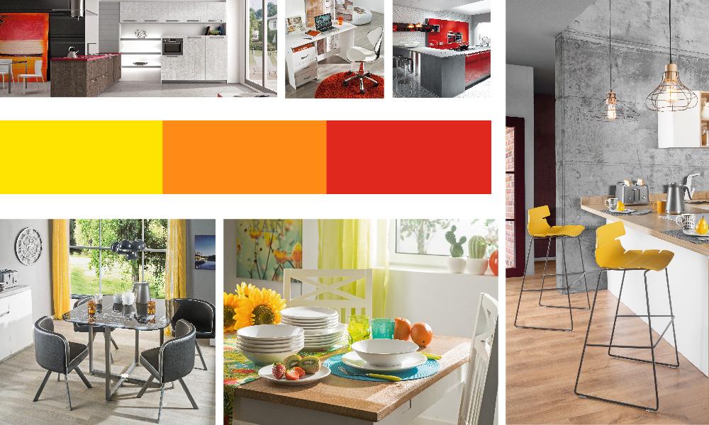 Colores cálidos como el rojo, amarillo, naranja en tu decoración
