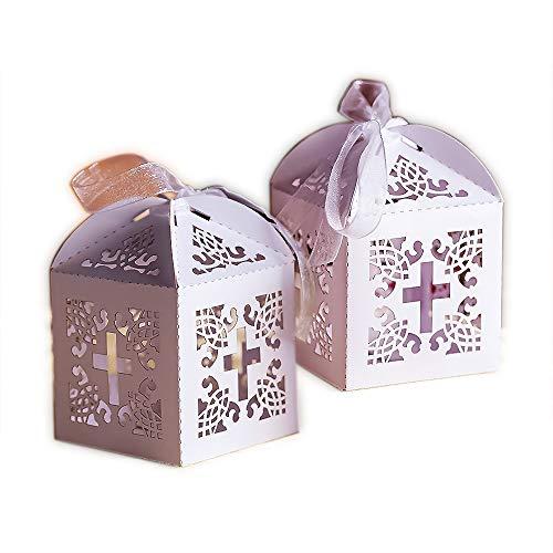 YOZATIA 50PCS Cross Favor Boxes, 2.2"x2.2"x2.2"Baptism Favor Boxes with 50 Ribbons, for Party Birthday Christening Favor (Cross)
