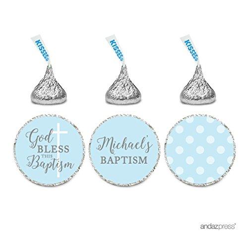 Andaz Press Baby Blue and Gray Boy Baptism Collection, Personalized Chocolate Drop Label Stickers Trio, 216-Pack, Custom Name, Fits Hersheys Kisses Party Favors