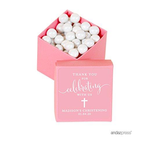 Andaz Press Personalized Mini Square Party Favor Box DIY Kit, Baptism, Thank You for Celebrating With Us, Pink, 20-Pack, For Religious, Christening Party Favors, Decorations, Custom Name