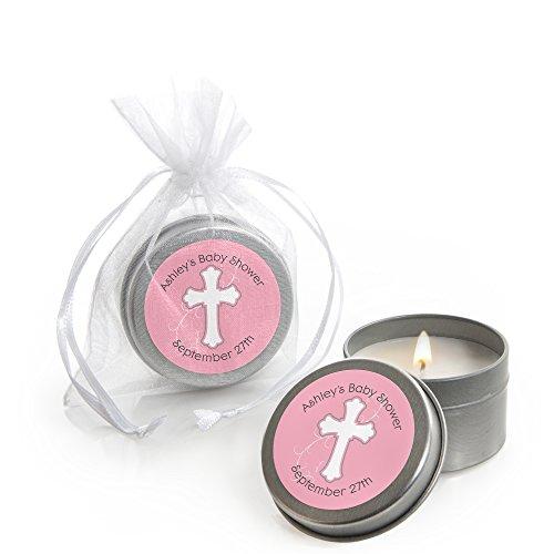 Big Dot of Happiness Custom Little Miracle Girl Pink & Gray Cross - Personalized Candle Tin Baby Shower or Baptism Party Favors - Set of 12