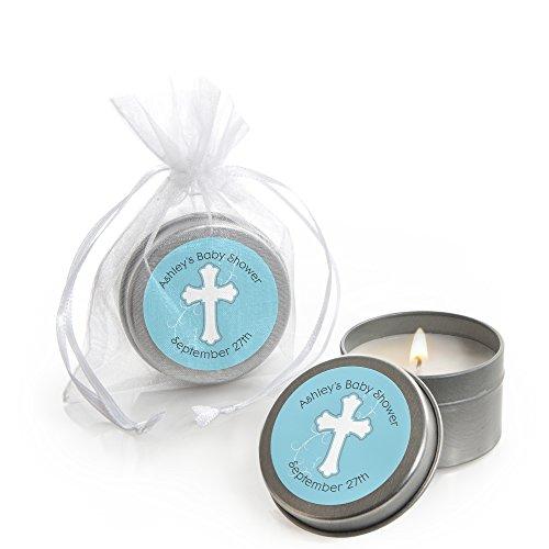 Big Dot of Happiness Custom Little Miracle Boy Blue & Gray Cross - Personalized Candle Tin Baby Shower or Baptism Party Favors - Set of 12