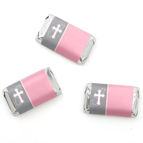 Big Dot of Happiness Little Miracle Girl Pink & Gray Cross - Baptism Mini Candy Bar Wrappers Party Favors - 20 Count
