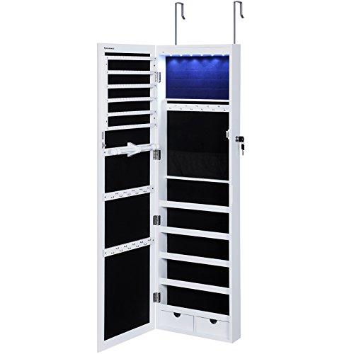 SONGMICS LED Joyero Espejo Armario Guardajoyas con Cerradura Montado en Pared Colgado en Puerta JBC93W