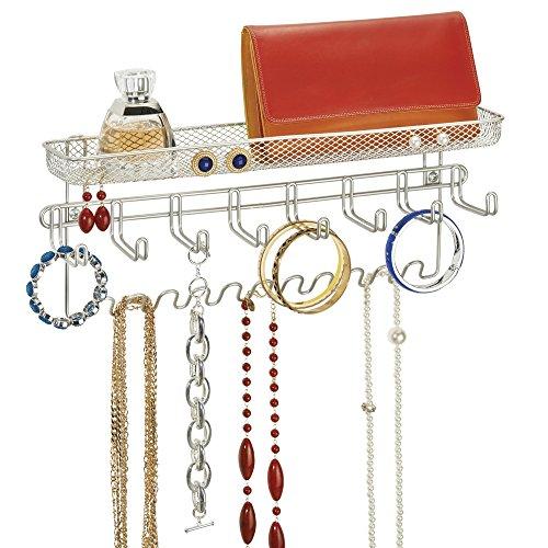 mDesign - Organizador para accesorios, de pared; guarda alhajas, collares, aros, pulseras, relojes pulsera - Plateado