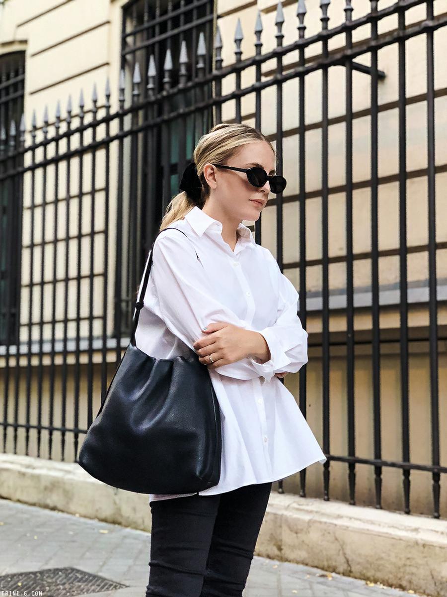 Trini | The Row shirt Balenciaga sunglasses Chanel flat slingbacks