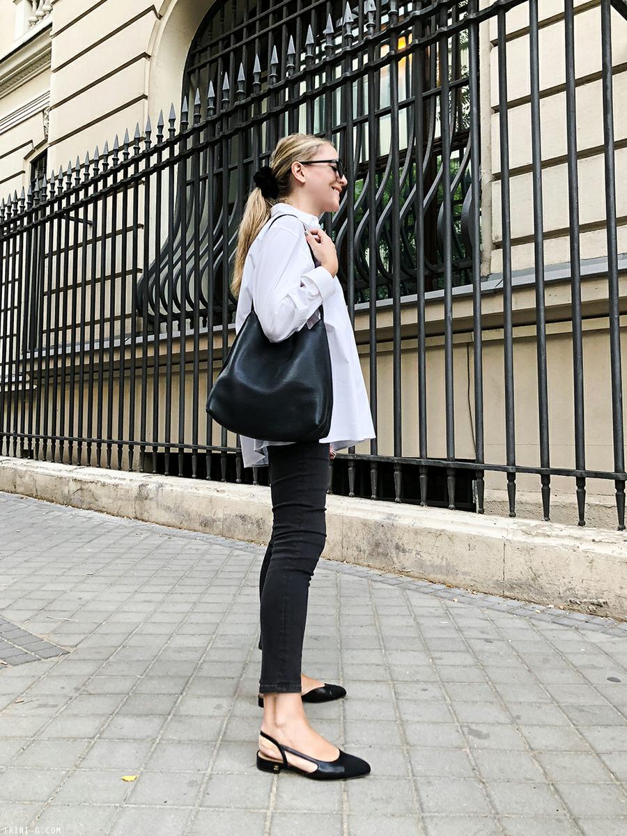 Trini | The Row shirt Balenciaga sunglasses Chanel flat slingbacks