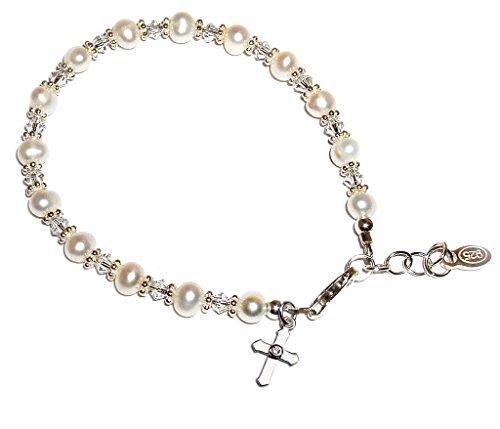 Childrens First Communion Sterling Silver Cross Bracelet with Cultured Pearl and Swarovski Crystal