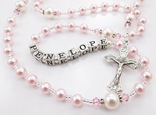 Personalized Rosary Beads in Pink and White, Swarovski Pearls and Crystals, Custom Colors, Handmade Baptism or First Communion Gift for a Girl