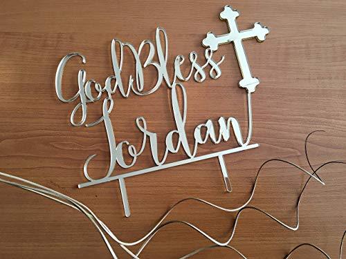 Personalized God Bless Cake Topper with Cross Name Baby Baptism centerpiece Christening Topper 1st First Holy Communion Religious Toppers Blessed Custom Sign Christian Acrylic Party Anniversary Gifts