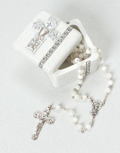 Roman First Holy Communion Silver Chalice Resin Stone Keepsake Rosary Jewlery Box, Ivory, 1.5"