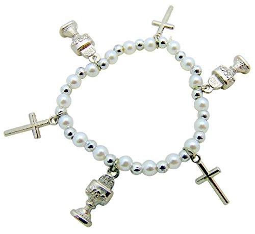 Girls First Communion Charm Bracelet with Simulated Imitation Pearl and Silver Tone Beads, 7 Inch
