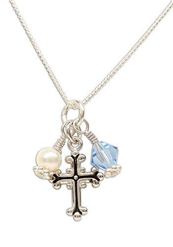 Girls Sterling Silver December Swarovski-Created Birthstone Cross Necklace with Cultured Pearl