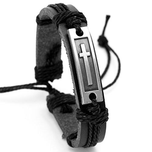 Cross Leather Bracelet for Men: Confirmation Gifts for Boys First Communion Religious Cross Statement (Black)