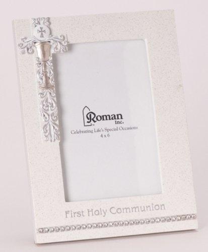 8" First Holy Communion White Frame with Silver Scroll Chalice Design - Holds 4x6 Photo