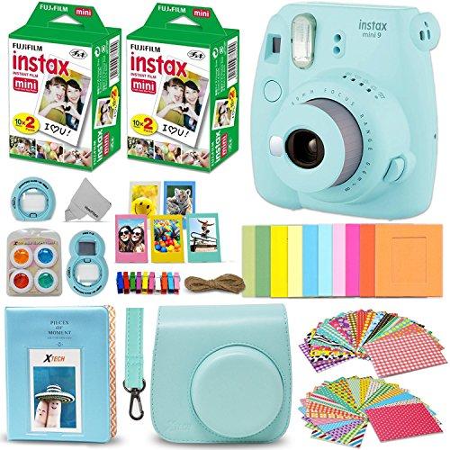 Fujifilm Instax Mini 9 Instant Camera ICE BLUE + Fuji INSTAX Film (40 Sheets) + Accessories Kit Bundle + Custom Case with Strap + Assorted Frames + Photo Album + 60 Colorful Sticker Frames + MORE