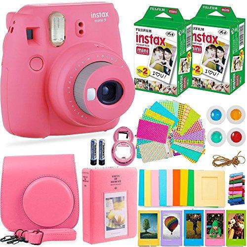 FujiFilm Instax Mini 9 Instant Camera + Fuji Instax Film (40 Sheets) + Accessories Bundle - Carrying Case, Color Filters, Photo Album, Stickers, Selfie Lens + More (Flamingo Pink)