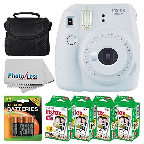Fujifilm instax mini 9 Instant Film Camera (Smokey White) + Fujifilm Instax Mini Twin Pack Instant Film (80 Shots) + Camera Case + AA Batteries + Accessory Bundle - International Version (No Warranty)