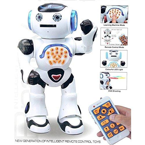 Top Race Remote Control Walking Talking Toy Robot, Dances, Sings, Reads Stories, Math Quiz, Shooting Discs, and Voice Mimicking.
