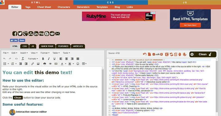 editor online de textos y código HTML Javascript y CSS