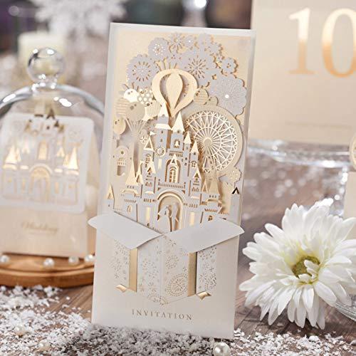 Wishmade 50x Laser Cut 3D Gold Gilding Wedding Invitations Cards with Bride and Groom in Castle Cardstock for Engagement Bridal Shower(set of 50pcs)CW5093