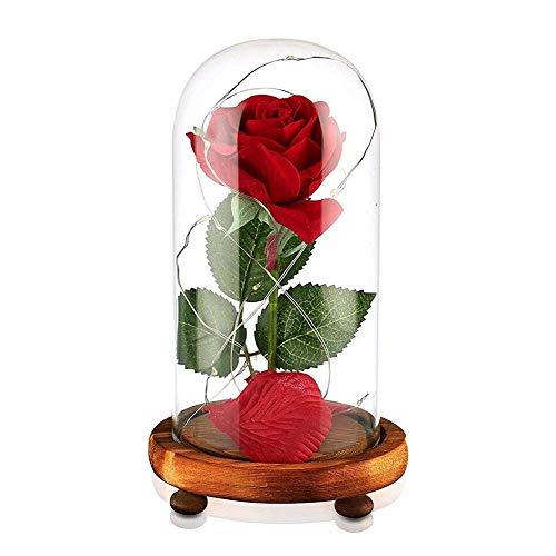 Beauty and The Beast Rose Red Silk Rose in Glass Dome with Fallen Petals & LED Light on Wooden Base Preserved Flowers Gift for Valentines Day Party Wedding Anniversary Birthday Gift Card Inside