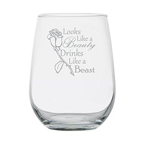 Looks Like a Beauty Drinks Like a Beast - Disney Princess Wine Glass -17 oz Stemless Glass - Made in USA -Funny Birthday Gift - Disney Lover Wine Glasses - Anniversary - Couples Gifts - Princess Belle