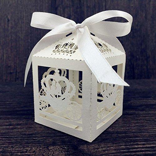 Saitec 50pcs Laser Cut Cinderella Enchanted Carriage Marriage Box,pumpkin carriage Wedding Favor Boxes Gift box Candy box(white ribbon)