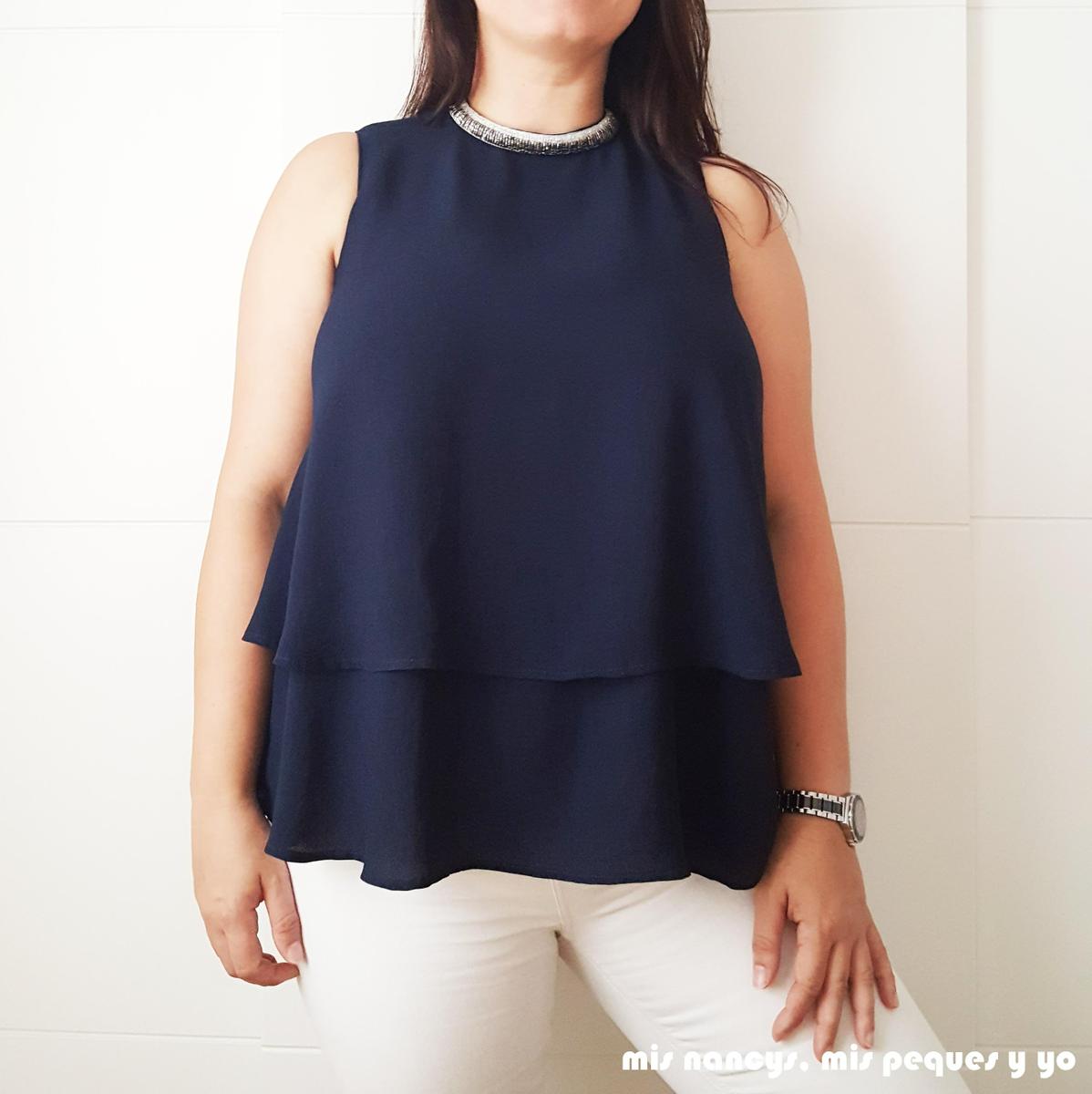 mis nancys, mis peques y yo, blusa de doble capa para mujer, azul marino con tira de abalorios