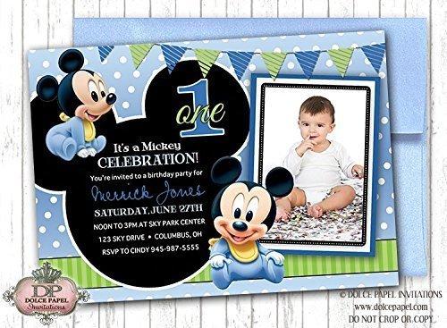 10 Disney Prince BABY MICKEY MOUSE Inspired Black and Blue Polka Dot First Birthday Party Invitations